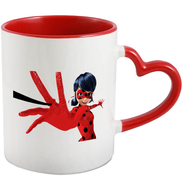 Cana Cu Lady Bug – Stele Stralucitoare – Aventura, Prietenie si Emotie, Ceramica, 330ML, Cu Maner Inima Rosie si Interior Rosu