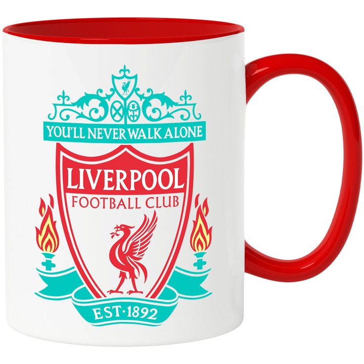 Cana Cu Liverpool – Rosii Invingatori – Energie, Curaj si Football sport, Ceramica, 330ML, Cu Maner si Interior Rosu