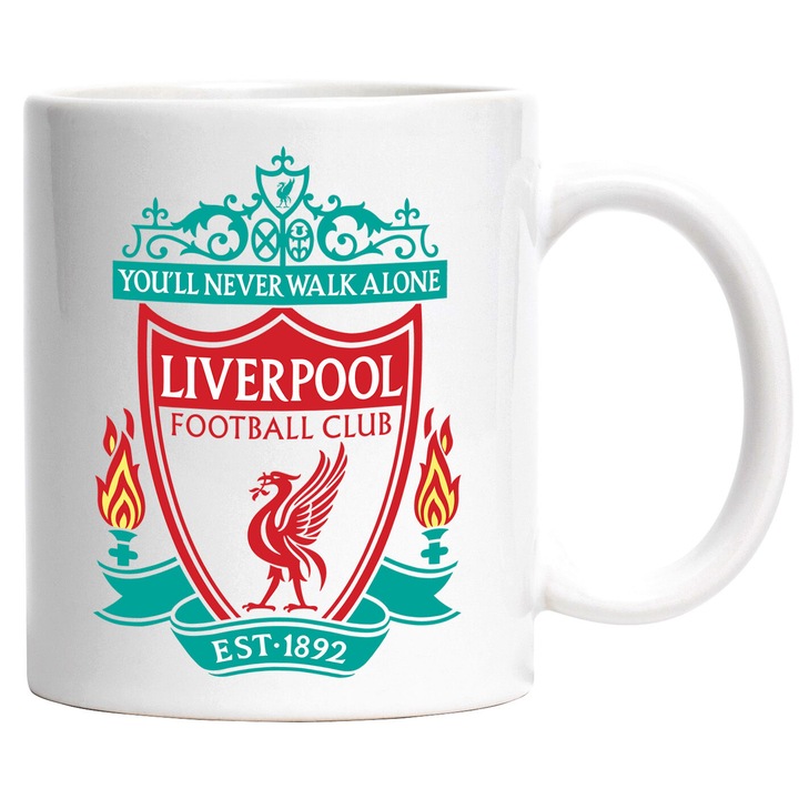 Cana Cu Liverpool – Rosii Invingatori – Energie, Curaj si Football sport, Ceramica, 330ML, Cu Maner si Interior Alb