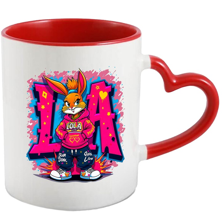 Cana Cu Lola – Scantei de Aventura – Magie, Emotie si Curaj, Ceramica, 330ML, Cu Maner Inima Rosie si Interior Rosu