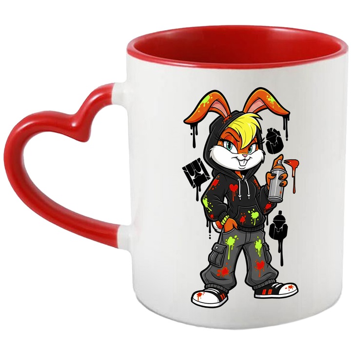 Cana Cu Lola – Inima Curajoasa – Aventura, Magie si Zambete, Ceramica, 330ML, Cu Maner Inima Rosie si Interior Rosu