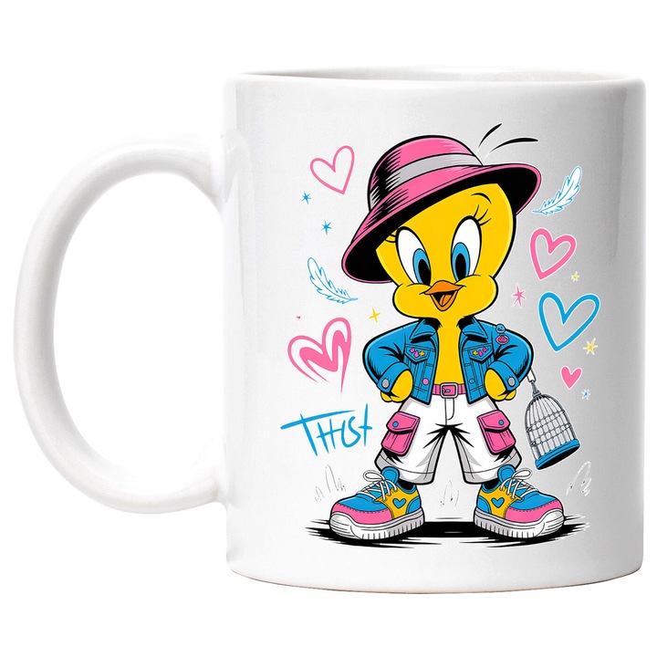 Cana Cu Looney Tunes Tweety – Flori Dansatoare – Aventura, Emotie si Prietenie, Ceramica, 330ML, Cu Maner si Interior Alb
