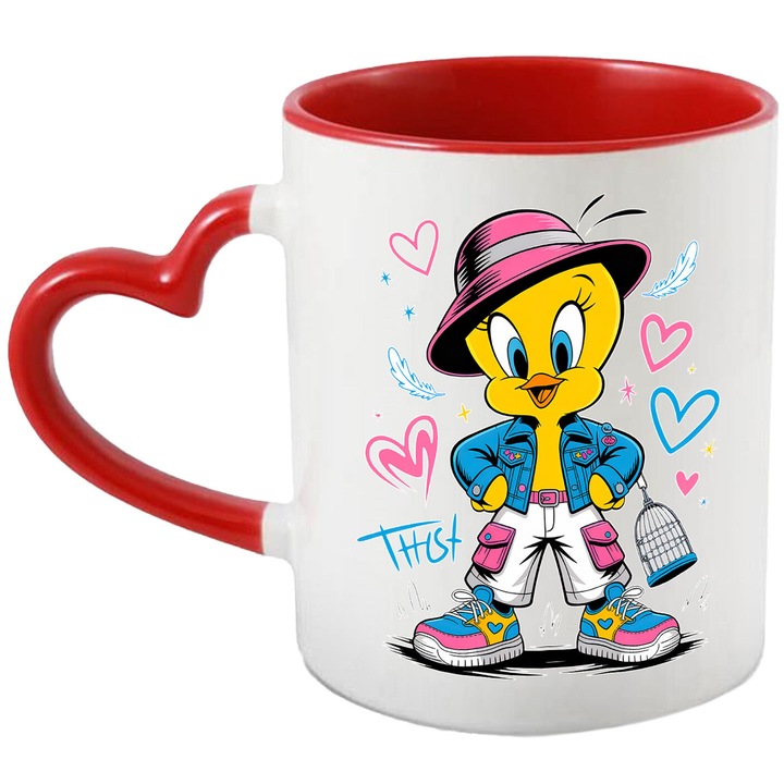 Cana Cu Looney Tunes Tweety – Flori Dansatoare – Aventura, Emotie si Prietenie, Ceramica, 330ML, Cu Maner Inima Rosie si Interior Rosu