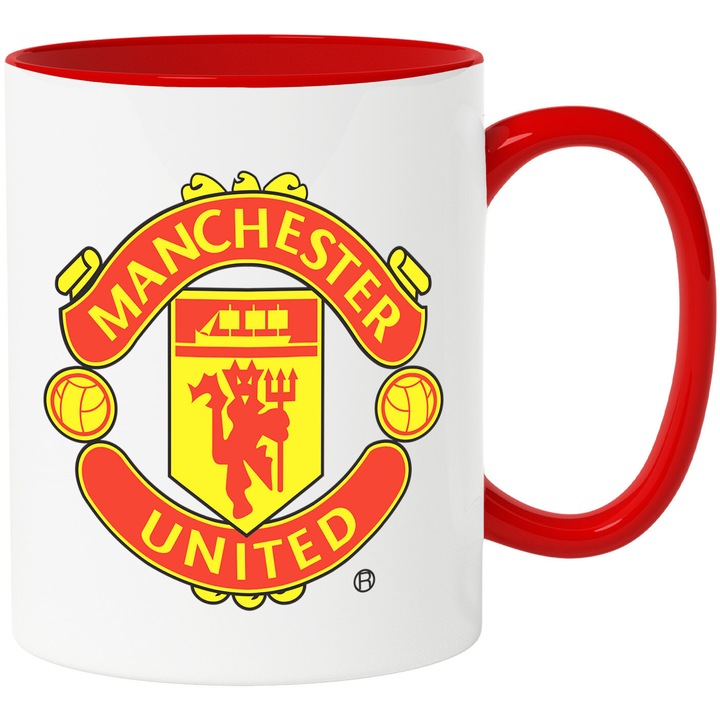 Cana Cu Manchester United – Rosii Legendari – Curaj, Emotie si Fotbal sportiv, Ceramica, 330ML, Cu Maner si Interior Rosu
