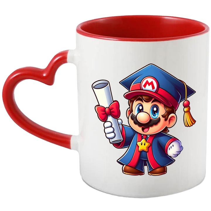 Cana Cu Mario – Inima Fermecata – Prietenie, Aventura si Zambete, Ceramica, 330ML, Cu Maner Inima Rosie si Interior Rosu