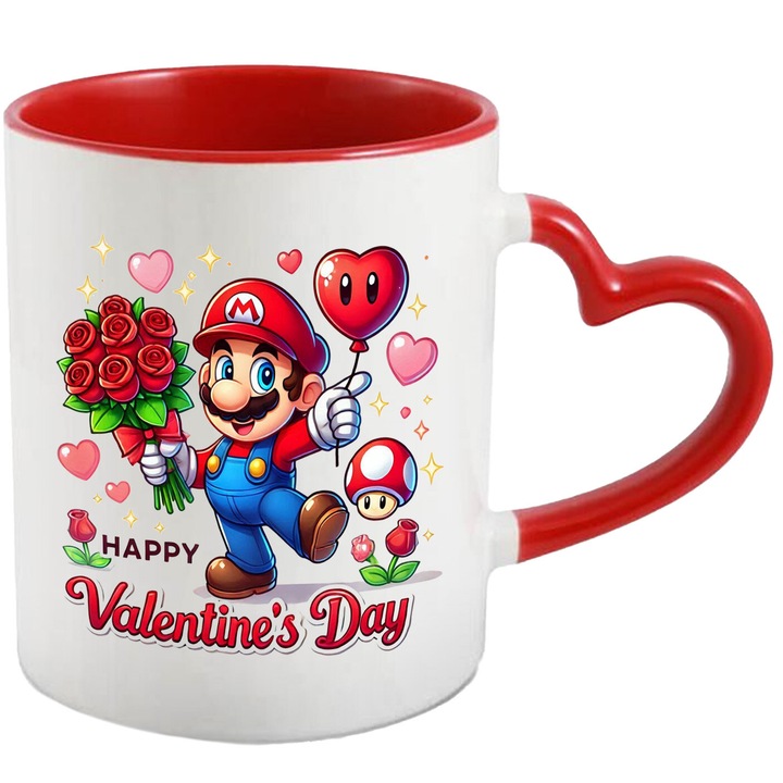 Cana Cu Mario – Inima Vesela – Prietenie, Aventura si Magie, Ceramica, 330ML, Cu Maner Inima Rosie si Interior Rosu