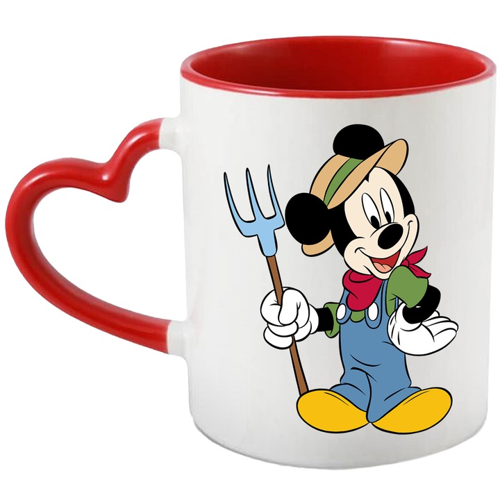 Cana Cu Mickey Mouse – Inima Rozului – Prietenie, Aventura si Zambete, Ceramica, 330ML, Cu Maner Inima Rosie si Interior Rosu