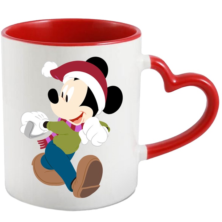 Cana Cu Mickey Mouse – Inima Vesela – Prietenie, Aventura si Magie, Ceramica, 330ML, Cu Maner Inima Rosie si Interior Rosu