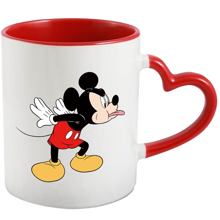 Cana Cu Mickey Mouse – Inima Vesela – Prietenie, Aventura si Curaj, Ceramica, 330ML, Cu Maner Inima Rosie si Interior Rosu