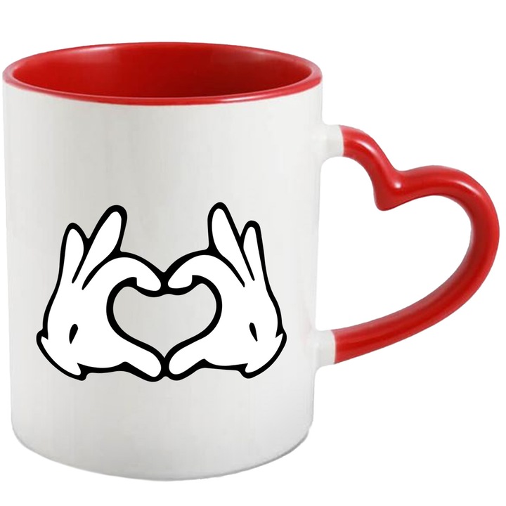 Cana Cu Mickey Mouse – Inima Vesela – Prietenie, Aventura si Curaj, Ceramica, 330ML, Cu Maner Inima Rosie si Interior Rosu