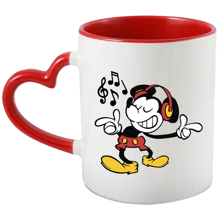 Cana Cu Mickey Mouse – Inima Vesela – Prietenie, Aventura si Curaj, Ceramica, 330ML, Cu Maner Inima Rosie si Interior Rosu