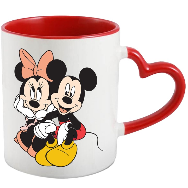 Cana Cu Mickey Mouse – Inima Aventurii – Prietenie, Aventura si Curaj, Ceramica, 330ML, Cu Maner Inima Rosie si Interior Rosu