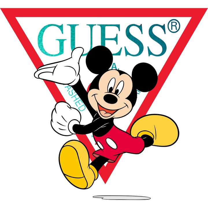 Sticker Adeziv Cu Mickey si Minnie, Cu Textul "Guess" - Design 84, cu Margini Albe, PVC Vinyl 15CM