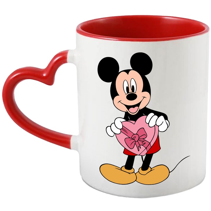Cana Cu Mickey Mouse – Inima Aventurii – Emotie, Disney si Zambete, Ceramica, 330ML, Cu Maner Inima Rosie si Interior Rosu