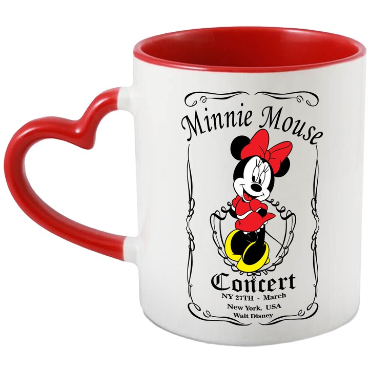 Cana Cu Mickey si Minnie – Inima Rozului – Aventura, Disney si Zambete, Ceramica, 330ML, Cu Maner Inima Rosie si Interior Rosu