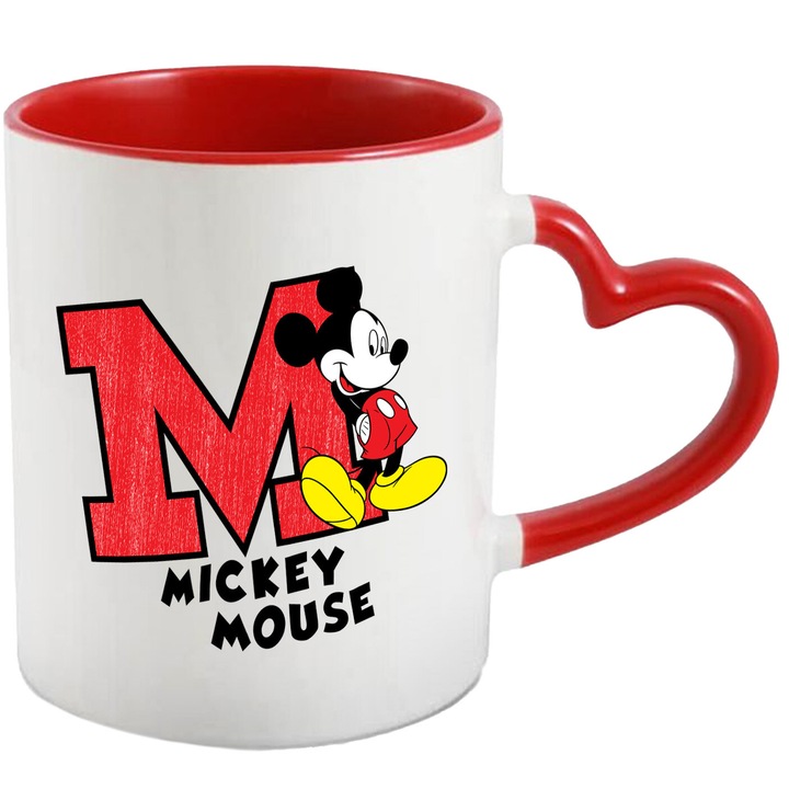 Cana Cu Mickey si Minnie – Inima Curajoasa – Prietenie, Disney si Emotie, Ceramica, 330ML, Cu Maner Inima Rosie si Interior Rosu
