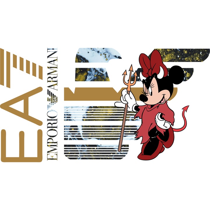 Sticker Adeziv Cu Mickey si Minnie, Cu Textul "Emporio Armani EA" - Design 90, cu Margini Albe, PVC Vinyl 90CM