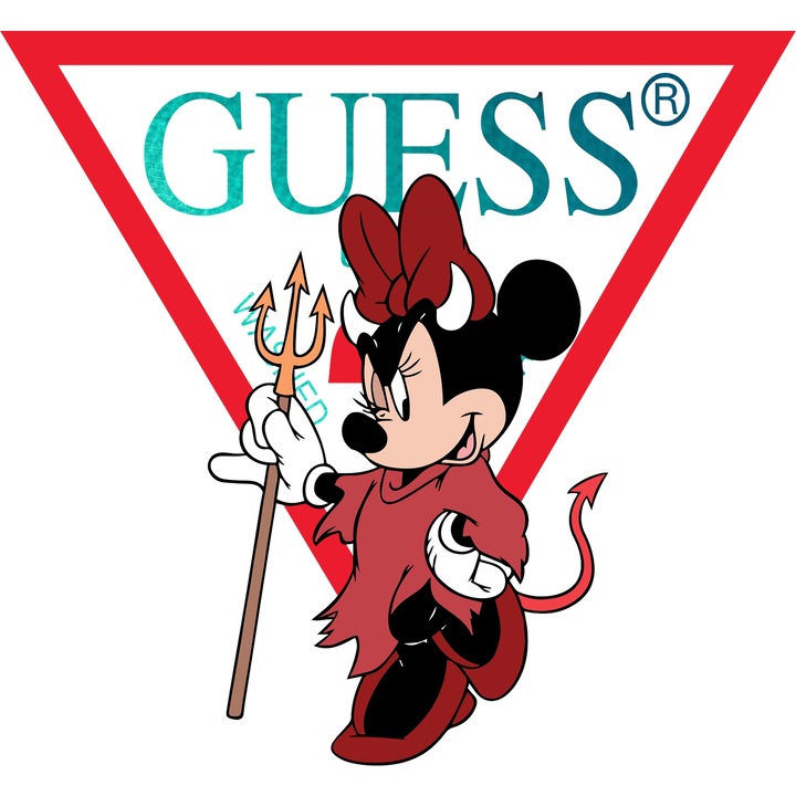 Sticker Adeziv Cu Mickey si Minnie, Cu Textul "Guess" - Design 90, cu Margini Albe, PVC Vinyl 40CM