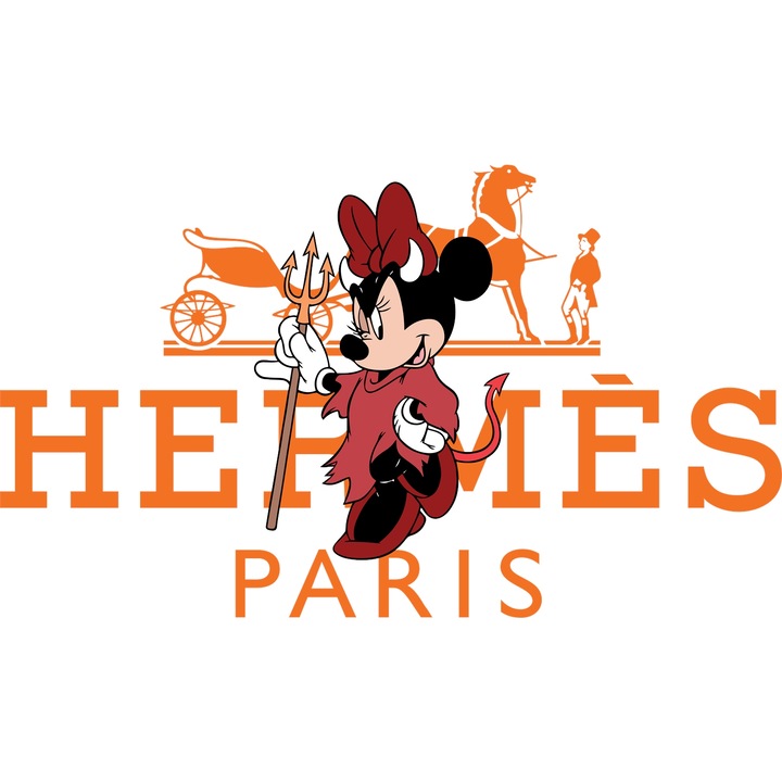 Sticker Adeziv Cu Mickey si Minnie, Cu Textul "Hermes Paris" - Design 90, cu Margini Albe, PVC Vinyl 90CM