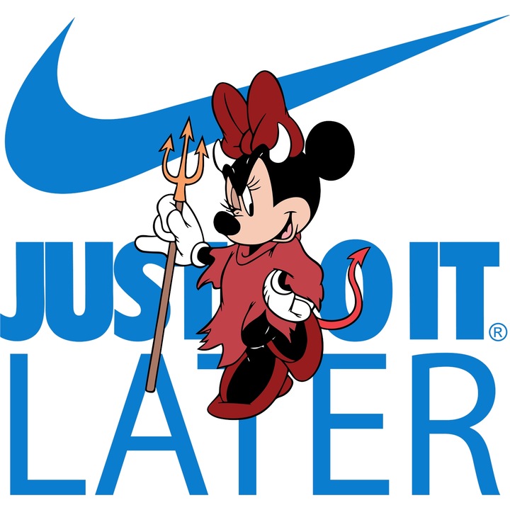 Sticker Adeziv Cu Mickey si Minnie, Cu Textul "Nike Just Do It Later" - Design 90, cu Margini Albe, PVC Vinyl 90CM