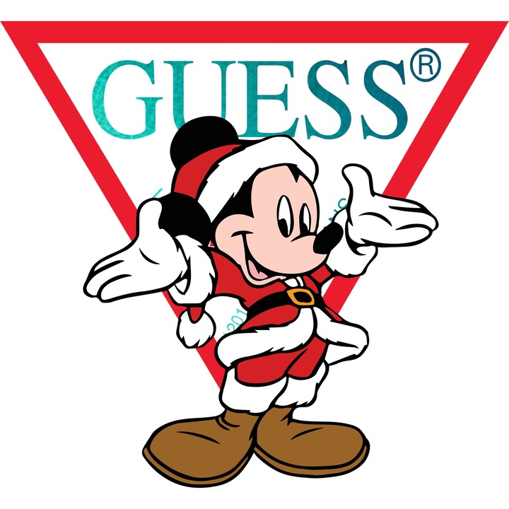 Sticker Adeziv Cu Mickey si Minnie, Cu Textul "Guess" - Design 92, cu Margini Albe, PVC Vinyl 90CM