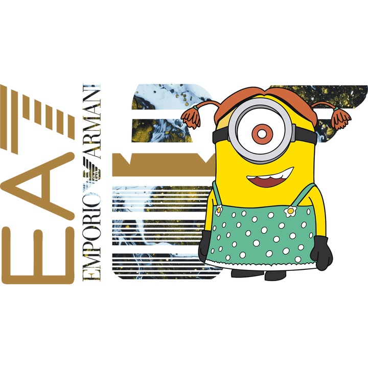 Sticker Adeziv Cu Minion, Cu Textul "Emporio Armani EA" - Design 1, cu Margini Albe, PVC Vinyl 15CM