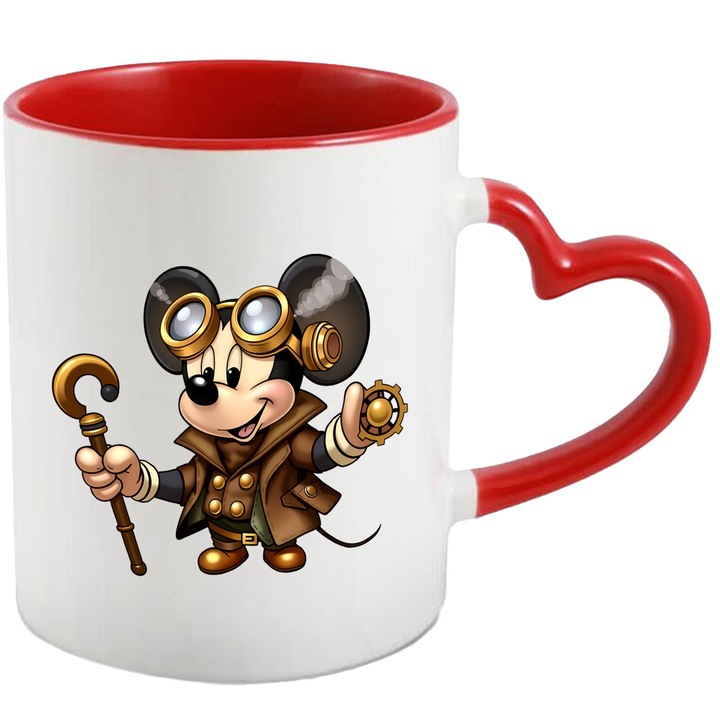 Cana Cu Mickey si Minnie – Orasul De Praf Magic – Lumini, Aventuri si Chicote, Ceramica, 330ML, Cu Maner Inima Rosie si Interior Rosu