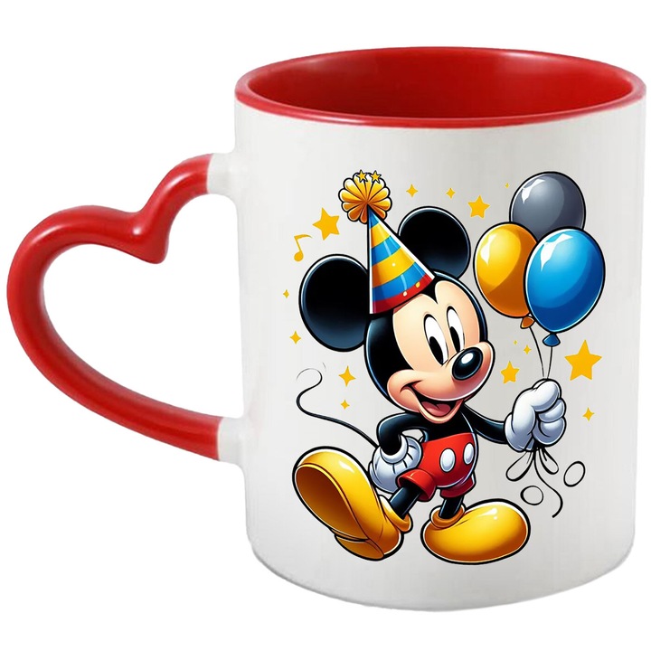 Cana Cu Mickey si Minnie – Ploaia Cu Stele – Lumina, Praf Magic si Aventuri, Ceramica, 330ML, Cu Maner Inima Rosie si Interior Rosu