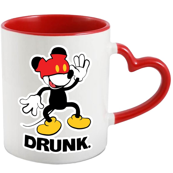 Cana Cu Mickey si Minnie – Praf De Stele Roz – Dorinte, Joaca si Vise, Ceramica, 330ML, Cu Maner Inima Rosie si Interior Rosu