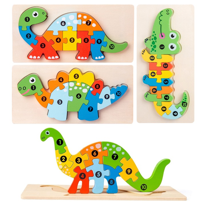 Puzzle 3D din lemn, Set 4 in 1, Dinozauri, 3+ ani, Multicolor