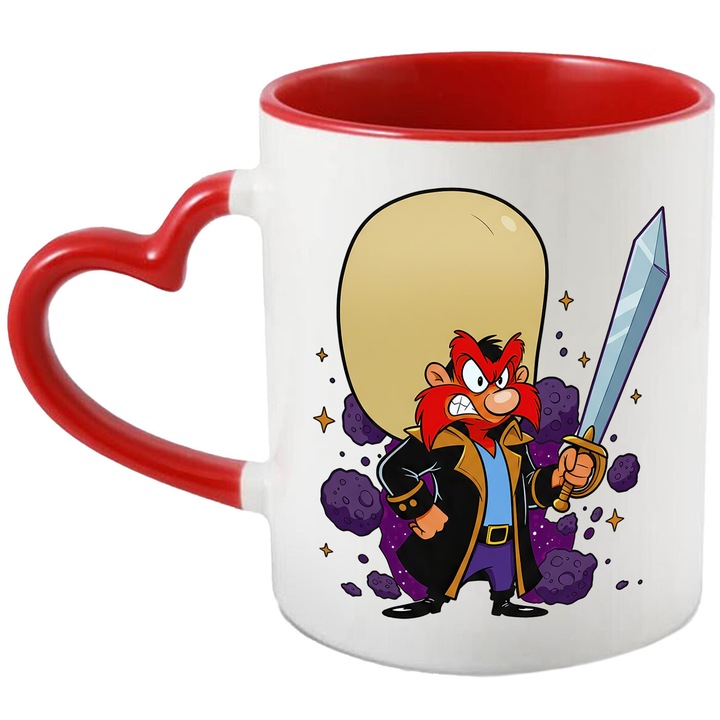 Cana Cu Yosemite Sam – Inima Aventurii Vesela In Vest – Aventura, Copii si Distractie, Ceramica, 330ML, Cu Maner Inima Rosie si Interior Rosu