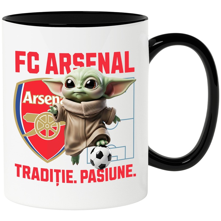 Cana cu Baby Yoda, si Echipa de Fotbal FC Arsenal, Ceramica, 330ML, Cu Maner si Interior Negru