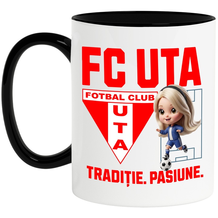 Cana cu Barbie, si Echipa de Fotbal FC UTA, Ceramica, 330ML, Cu Maner si Interior Negru