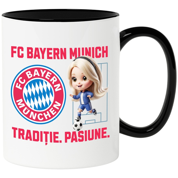 Cana cu Barbie, si Echipa de Fotbal FC Batern Munich, Ceramica, 330ML, Cu Maner si Interior Negru