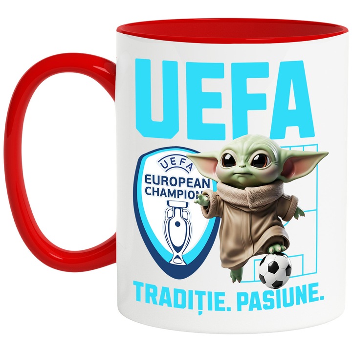 Cana cu Baby Yoda, si Echipa de Fotbal Uefa, Ceramica, 330ML, Cu Maner si Interior Rosu