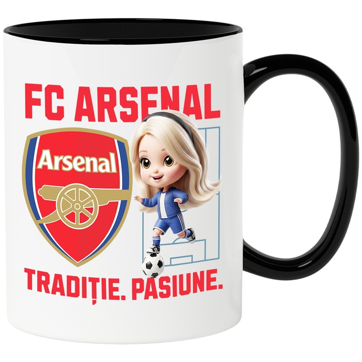 Cana cu Barbie, si Echipa de Fotbal FC Arsenal, Ceramica, 330ML, Cu Maner si Interior Negru