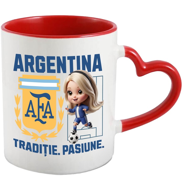 Cana cu Barbie, si Echipa de Fotbal Argentina, Ceramica, 330ML, Cu Maner Inima Rosie si Interior Rosu