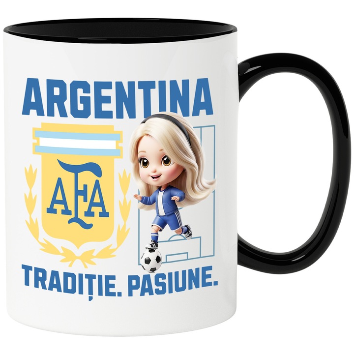 Cana cu Barbie, si Echipa de Fotbal Argentina, Ceramica, 330ML, Cu Maner si Interior Negru