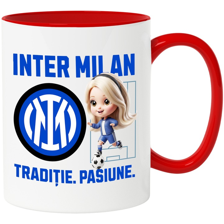 Cana cu Barbie, si Echipa de Fotbal Inter Milam, Ceramica, 330ML, Cu Maner si Interior Rosu