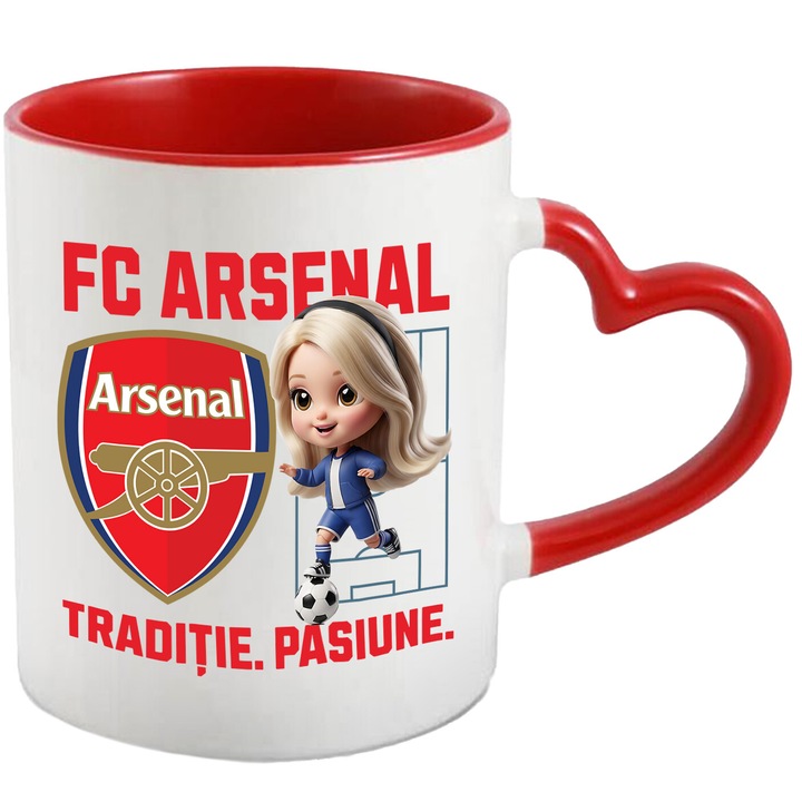 Cana cu Barbie, si Echipa de Fotbal FC Arsenal, Ceramica, 330ML, Cu Maner Inima Rosie si Interior Rosu