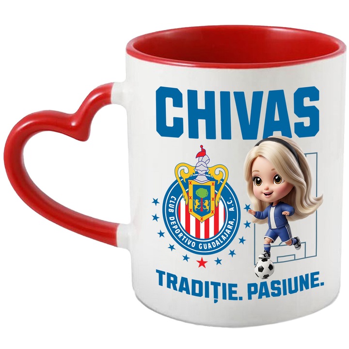 Cana cu Barbie, si Echipa de Fotbal Chivas, Ceramica, 330ML, Cu Maner Inima Rosie si Interior Rosu
