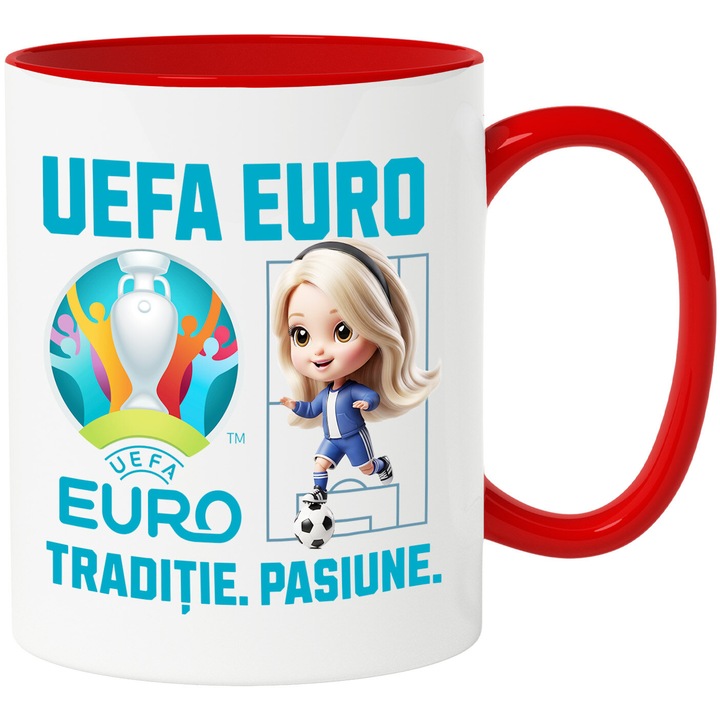 Cana cu Barbie, si Echipa de Fotbal Uefa Euro, Ceramica, 330ML, Cu Maner si Interior Rosu