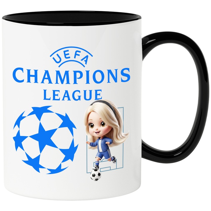 Cana cu Barbie, si Echipa de Fotbal Uefa Champions League, Ceramica, 330ML, Cu Maner si Interior Negru