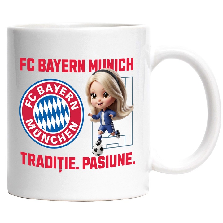 Cana cu Barbie, si Echipa de Fotbal FC Batern Munich, Ceramica, 330ML, Cu Maner si Interior Alb