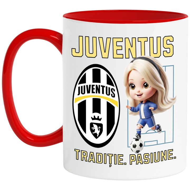 Cana cu Barbie, si Echipa de Fotbal Juventus, Ceramica, 330ML, Cu Maner si Interior Rosu