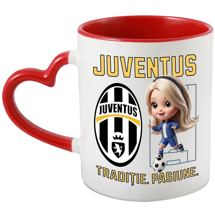 Cana cu Barbie, si Echipa de Fotbal Juventus, Ceramica, 330ML, Cu Maner Inima Rosie si Interior Rosu