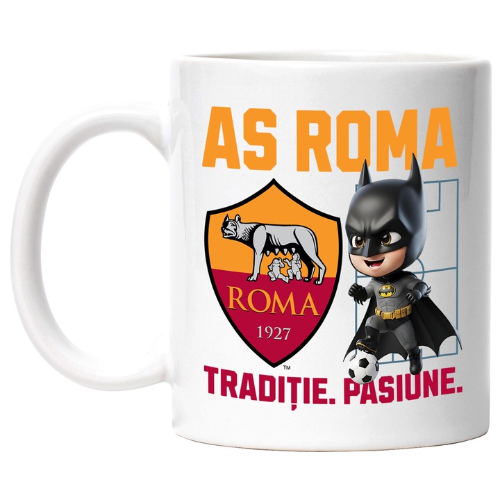 Cana cu Batman, si Echipa de Fotbal AS Roma, Ceramica, 330ML, Cu Maner si Interior Alb