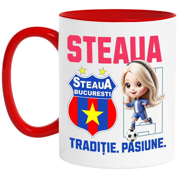 Cana cu Barbie, si Echipa de Fotbal Steaua, Ceramica, 330ML, Cu Maner si Interior Rosu
