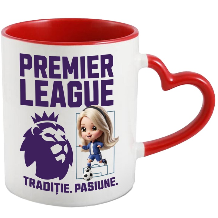 Cana cu Barbie, si Echipa de Fotbal Premier League, Ceramica, 330ML, Cu Maner Inima Rosie si Interior Rosu
