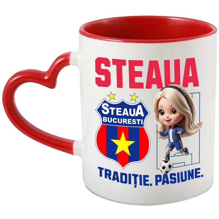 Cana cu Barbie, si Echipa de Fotbal Steaua, Ceramica, 330ML, Cu Maner Inima Rosie si Interior Rosu